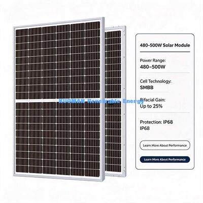 480W-500W Dwustronny Panel Słoneczny, Do 25% Dodatkowego Zysku Mocy z Tylnej Strony